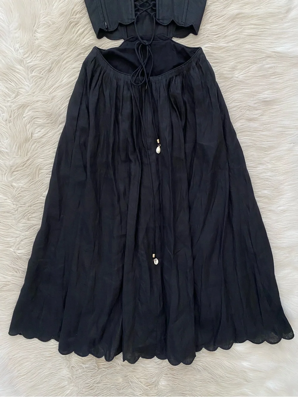 Zimmermann Petite Jude Scallop Midi Dress Black Linen Lace Up Back Vacation 0P - Picture 12 of 16